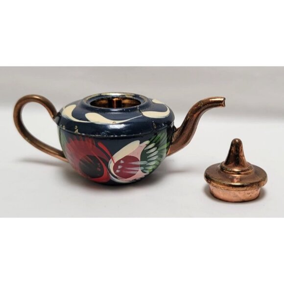 Vintage Miniature Copper Enamel Hand Painted Metal Teapot Floral Design - Picture 3 of 9